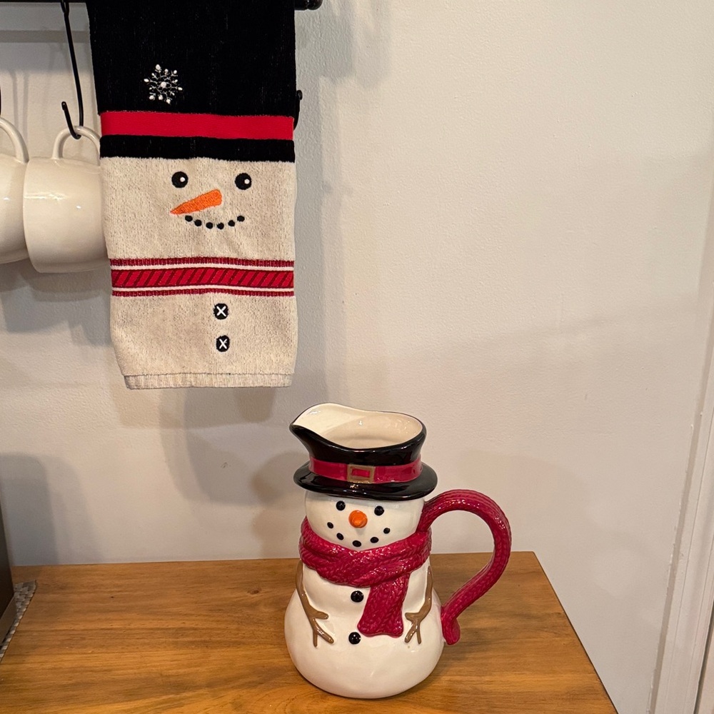 St. Nicholas Square Snowman Pitcher with Red Scarf and Black Hat